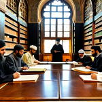 **Prompt:** A diverse group of scholars, including individuals of various backgrounds (Muslim, Christian, and Jewish), fully clothed in modest, period-appropriate academic attire, are engaged in a lively intellectual discussion within a grand, intricately designed library in the heart of historical Al-Andalus. Sunlight streams through large arched windows, illuminating ancient manuscripts, maps, and scientific instruments meticulously arranged on large wooden tables. The architecture reflects the pinnacle of Andalusian design, featuring elaborate tilework and ornate arches. The atmosphere is one of serene intellectual exchange and profound learning. This is a safe for work, appropriate content, fully clothed, family-friendly, professional image, depicting perfect anatomy, correct proportions, natural poses, well-formed hands, proper finger count, and natural body proportions.