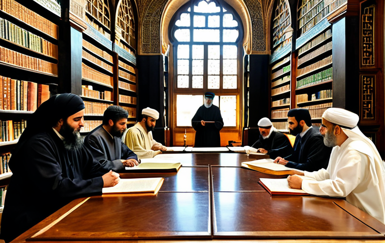 **Prompt:** A diverse group of scholars, including individuals of various backgrounds (Muslim, Christian, and Jewish), fully clothed in modest, period-appropriate academic attire, are engaged in a lively intellectual discussion within a grand, intricately designed library in the heart of historical Al-Andalus. Sunlight streams through large arched windows, illuminating ancient manuscripts, maps, and scientific instruments meticulously arranged on large wooden tables. The architecture reflects the pinnacle of Andalusian design, featuring elaborate tilework and ornate arches. The atmosphere is one of serene intellectual exchange and profound learning. This is a safe for work, appropriate content, fully clothed, family-friendly, professional image, depicting perfect anatomy, correct proportions, natural poses, well-formed hands, proper finger count, and natural body proportions.