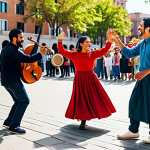 A vibrant scene of diverse individuals, fully clothed, from Spanish and Latin American cultures, celebrating cultural unity. Subjects are in modest, contemporary, and culturally appropriate attire, engaged in a joyful dance or playing traditional instruments together. The environment is a lively, sunlit urban square or a modern cultural center, adorned with subtle artistic elements reflecting both regions' heritage. The atmosphere is festive and welcoming. professional photography, high quality, perfect anatomy, correct proportions, natural pose, well-formed hands, proper finger count, natural body proportions, safe for work, appropriate content, fully clothed, family-friendly.