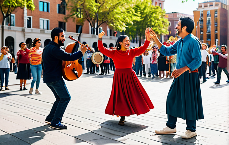 A vibrant scene of diverse individuals, fully clothed, from Spanish and Latin American cultures, celebrating cultural unity. Subjects are in modest, contemporary, and culturally appropriate attire, engaged in a joyful dance or playing traditional instruments together. The environment is a lively, sunlit urban square or a modern cultural center, adorned with subtle artistic elements reflecting both regions' heritage. The atmosphere is festive and welcoming. professional photography, high quality, perfect anatomy, correct proportions, natural pose, well-formed hands, proper finger count, natural body proportions, safe for work, appropriate content, fully clothed, family-friendly.