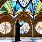 A person, fully clothed in modest professional attire, stands admiring the vibrant, organic architecture. The setting features flowing, curved walls adorned with colorful trencadís mosaics, resembling shimmering scales and natural forms. Sunlight streams through uniquely shaped windows, casting dynamic patterns. The background shows hints of whimsical, tree-like columns and fluid architectural lines, reflecting Gaudí's unique style. The scene is captured with professional photography, showcasing high quality, perfect anatomy, correct proportions, natural pose, well-formed hands, proper finger count, natural body proportions, safe for work, appropriate content, fully clothed, family-friendly.