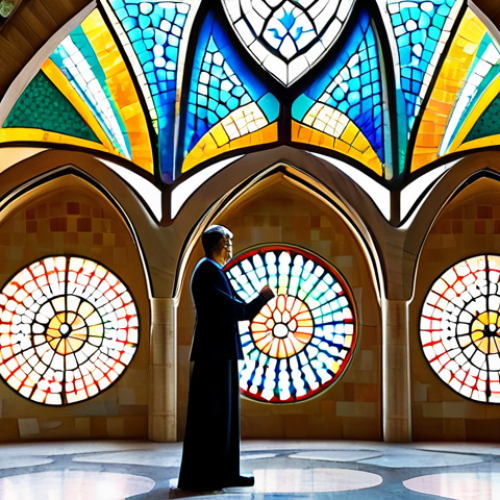 A person, fully clothed in modest professional attire, stands admiring the vibrant, organic architecture. The setting features flowing, curved walls adorned with colorful trencadís mosaics, resembling shimmering scales and natural forms. Sunlight streams through uniquely shaped windows, casting dynamic patterns. The background shows hints of whimsical, tree-like columns and fluid architectural lines, reflecting Gaudí's unique style. The scene is captured with professional photography, showcasing high quality, perfect anatomy, correct proportions, natural pose, well-formed hands, proper finger count, natural body proportions, safe for work, appropriate content, fully clothed, family-friendly.