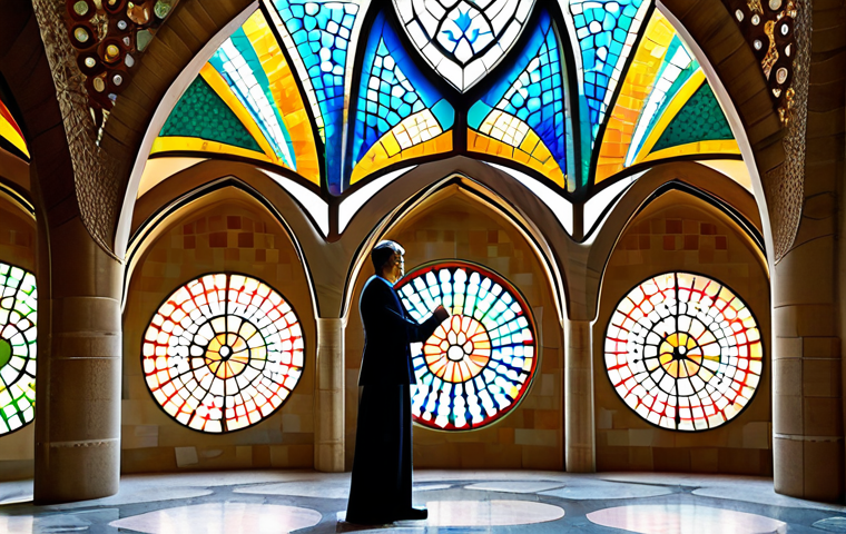 A person, fully clothed in modest professional attire, stands admiring the vibrant, organic architecture. The setting features flowing, curved walls adorned with colorful trencadís mosaics, resembling shimmering scales and natural forms. Sunlight streams through uniquely shaped windows, casting dynamic patterns. The background shows hints of whimsical, tree-like columns and fluid architectural lines, reflecting Gaudí's unique style. The scene is captured with professional photography, showcasing high quality, perfect anatomy, correct proportions, natural pose, well-formed hands, proper finger count, natural body proportions, safe for work, appropriate content, fully clothed, family-friendly.