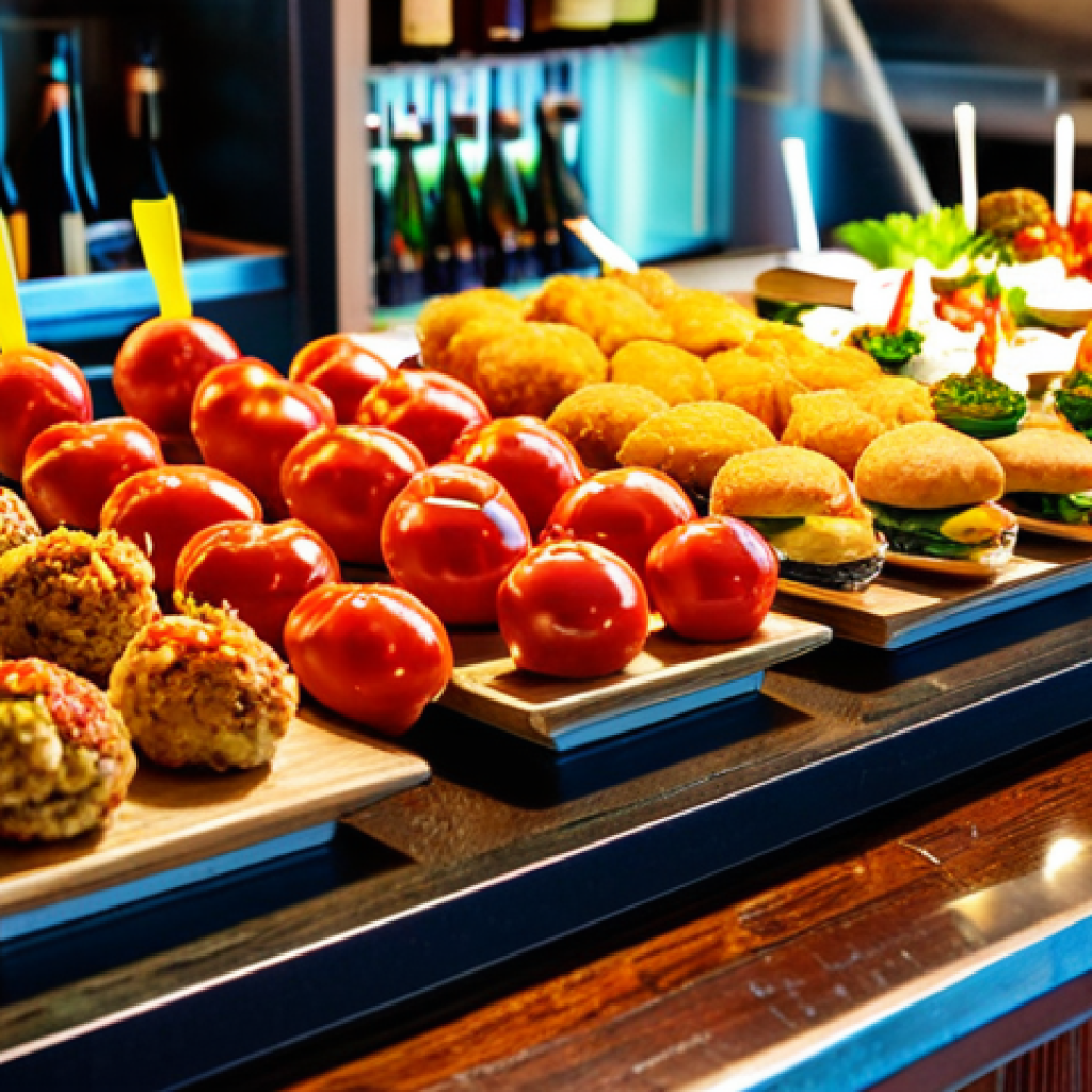 ** "A vibrant display of pintxos on a bar counter in San Sebastian, Spain. Focus on the variety of colors and textures of the food. Safe for work, appropriate content, professional food photography, well-lit, high resolution." **
