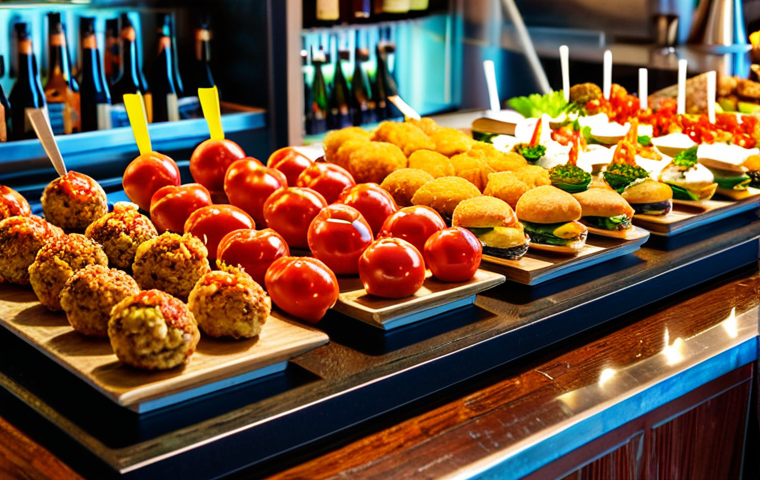 ** "A vibrant display of pintxos on a bar counter in San Sebastian, Spain. Focus on the variety of colors and textures of the food. Safe for work, appropriate content, professional food photography, well-lit, high resolution." **