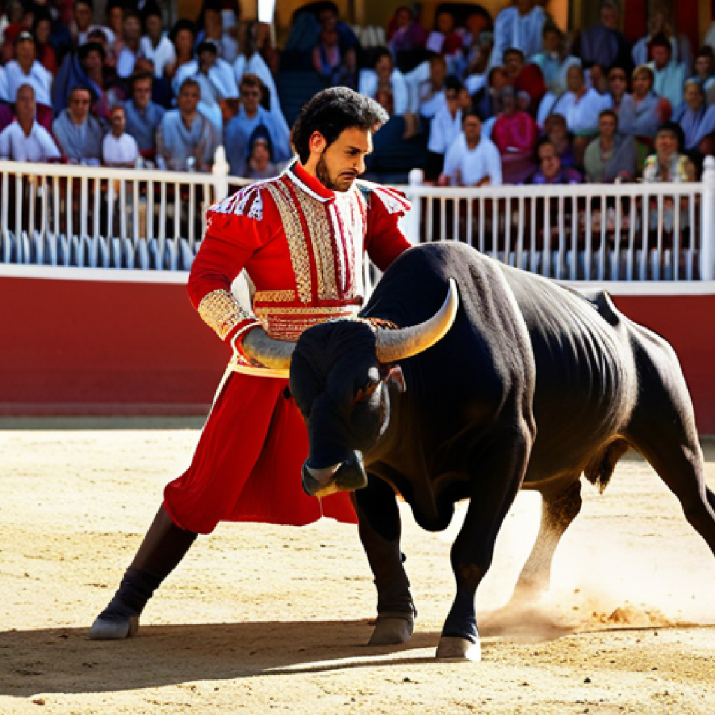 스페인의 전통 스포츠 - **Bullfighting Scene:** "A fully clothed matador in traditional, modest attire skillfully maneuverin...