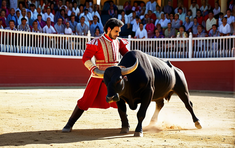 스페인의 전통 스포츠 - **Bullfighting Scene:** "A fully clothed matador in traditional, modest attire skillfully maneuverin...