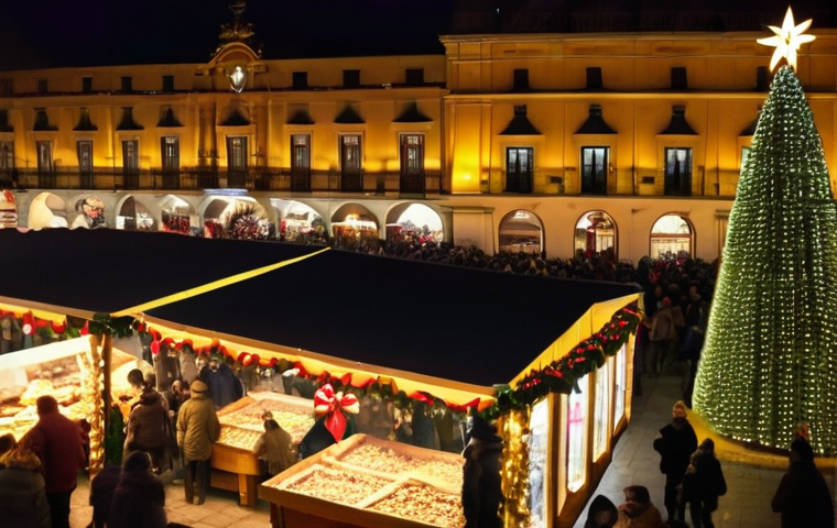 크리스마스와 스페인 전통 행사 - Enchanting Spanish Christmas Market at Night** A vibrant, highly detailed shot of a bustling Spa...
