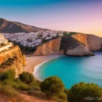 스페인의 해변 여행지 추천 - **Prompt 1: Hidden Andalusian Cove at Sunset** "A serene and untouched hidden cove on the Costa ...