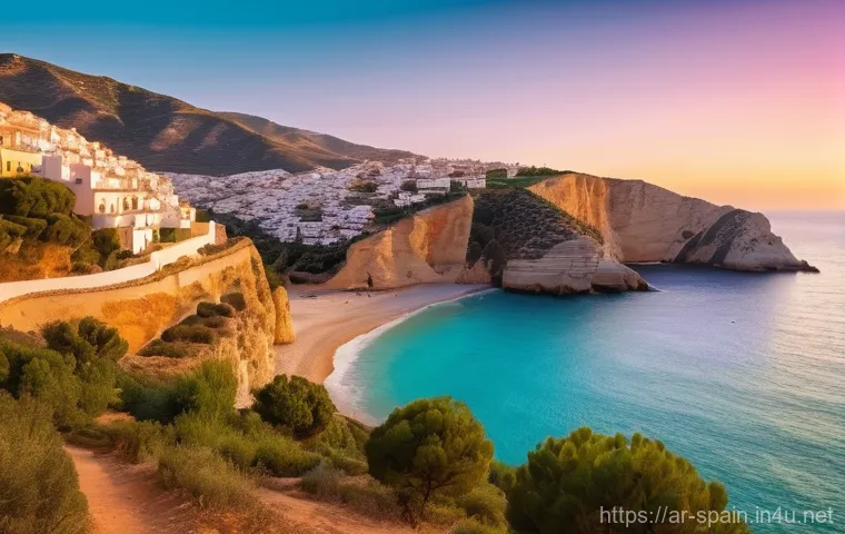 스페인의 해변 여행지 추천 - **Prompt 1: Hidden Andalusian Cove at Sunset** "A serene and untouched hidden cove on the Costa ...