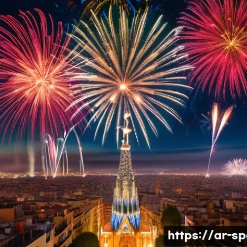 스페인의 불꽃놀이 문화 - A breathtaking wide shot of the "La Merc&egrave;" fireworks festival illuminating the night sky over Barcel...