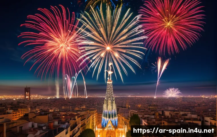 스페인의 불꽃놀이 문화 - A breathtaking wide shot of the "La Merc&egrave;" fireworks festival illuminating the night sky over Barcel...