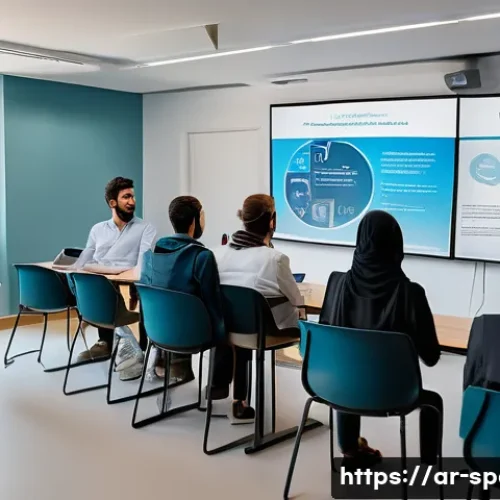 스페인의 실업률 문제 - A detailed urban scene in Spain showing young Arab professionals attending a digital skills training...