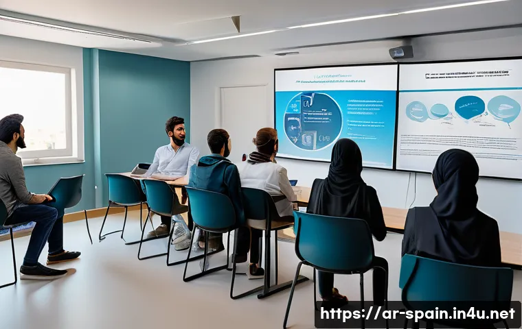 스페인의 실업률 문제 - A detailed urban scene in Spain showing young Arab professionals attending a digital skills training...