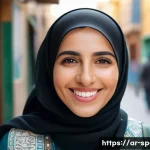 스페인어 인사말과 기본 표현 - A friendly Middle Eastern woman in a traditional modern outfit, smiling warmly while greeting someon...