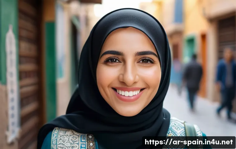스페인어 인사말과 기본 표현 - A friendly Middle Eastern woman in a traditional modern outfit, smiling warmly while greeting someon...