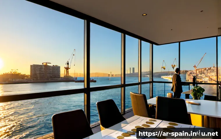 스페인의 경제 성장과 위기 - Photorealistic wide-angle view of modern Barcelona waterfront at sunrise, elegant office buildings, ...