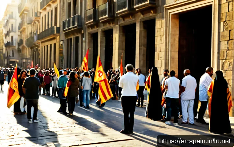 스페인과 카탈루냐 독립운동 - Photorealistic wide-angle street scene in Barcelona at golden hour, a peaceful diverse crowd of adul...